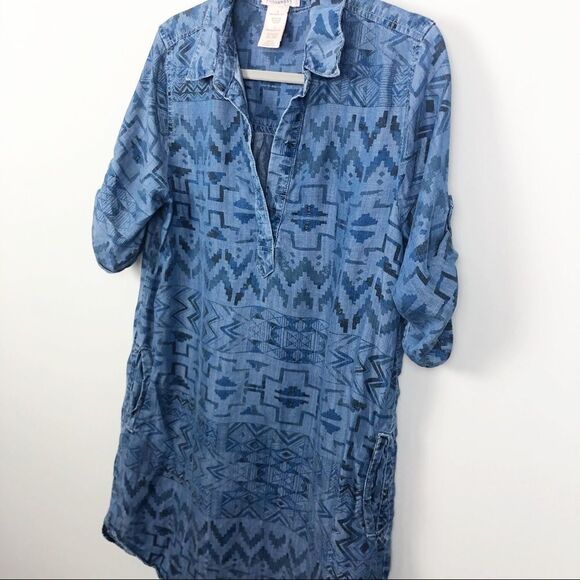 PHILOSOPHY | Aztec Chambray Dress Blue Size Large - Picture 3 of 7
